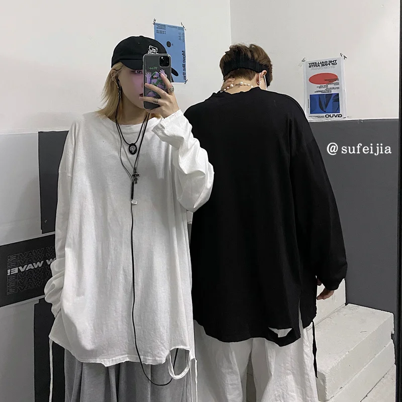 

Button Up Shirt Women Inside With Long Sleeve T-shirt, Women's Spring And Hole Korean Loose Street Top, Early Autumn White