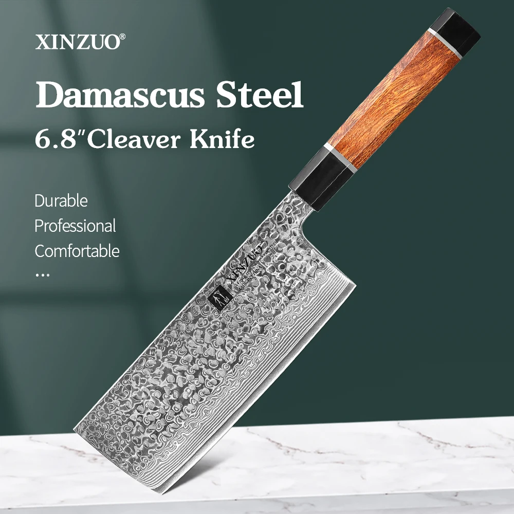 XINZUO 6.8'' Inches Cleaver Knife Janpanse 67 Layers Damascus Steel Pattern Knife Cut Meat Nakiri Gyuto Butcher Slicing Santoku