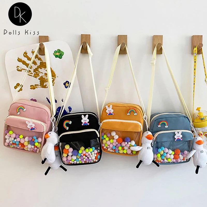 

Women Color Fur Ball Small Square Bag Female Simple Transparent Pocket Crossbody Bag Student Shoulder Bag Girls Japanese Purses