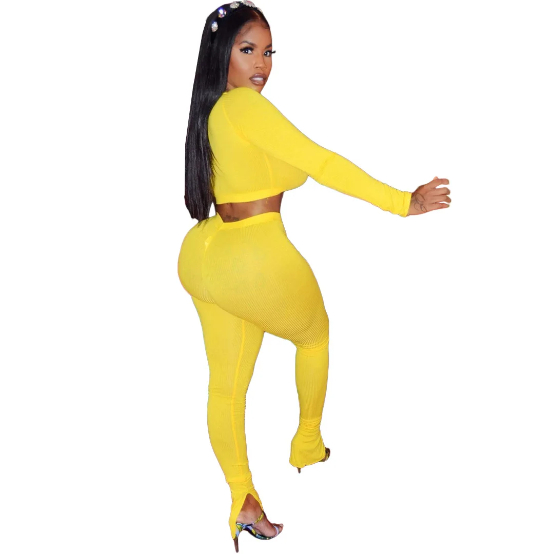 

European and American Women's High Elastic Thread Hole Strip Long Sleeve Slanted Shoulder Hem Set