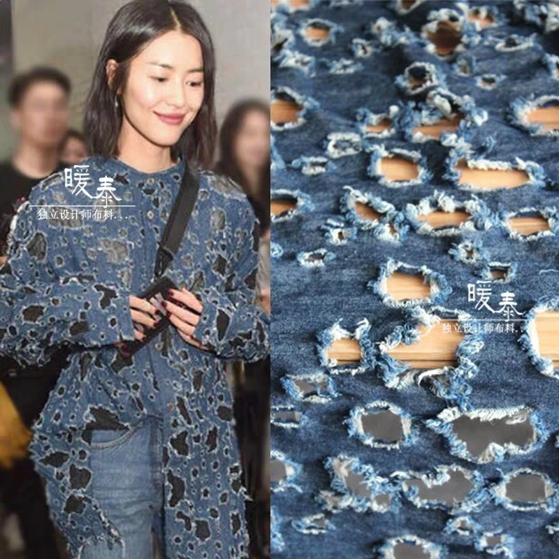 

Denim Cotton Fabric Blue Frayed Ripped Holes DIY Patchwork Jeans Jacket Coat Trousers Skirts Dress Clothes Designer Fabric