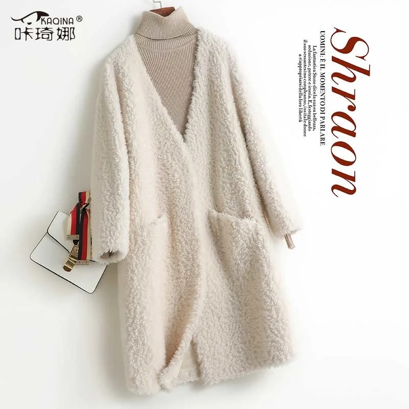 

Новинка Зима 2021, Однотонное шерстяное меховое пальто с V-образным вырезом, женское простое цельнокроеное меховое пальто из композитного мат...