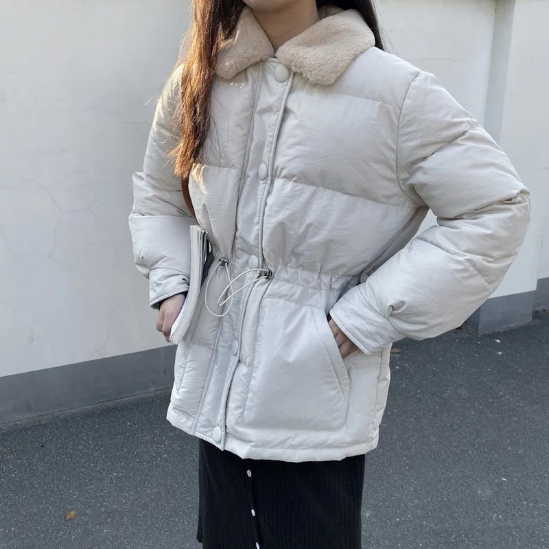 Korean Elegant Thick Cotton Coat Womens Outerwear Faux Rabbit Fur Lapel Warm Jackets Female Drawstring Waist Coats New Winter