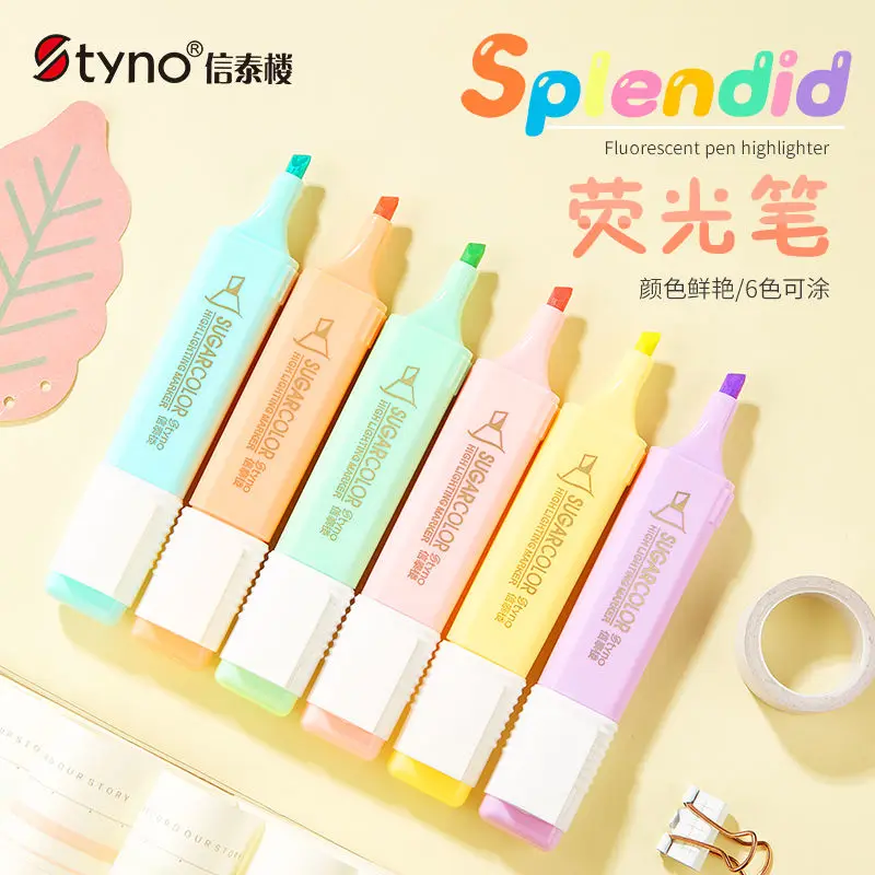 

6pcs Fluorescent marker students use candy colored marker, frosted color, rough underline and graffiti fluorescent marker