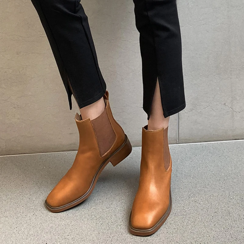 

Классические короткие ботинки на резинке, женские зимние ботинки карамельного цвета из воловьей кожи, ботинки челси на низком каблуке, комф...