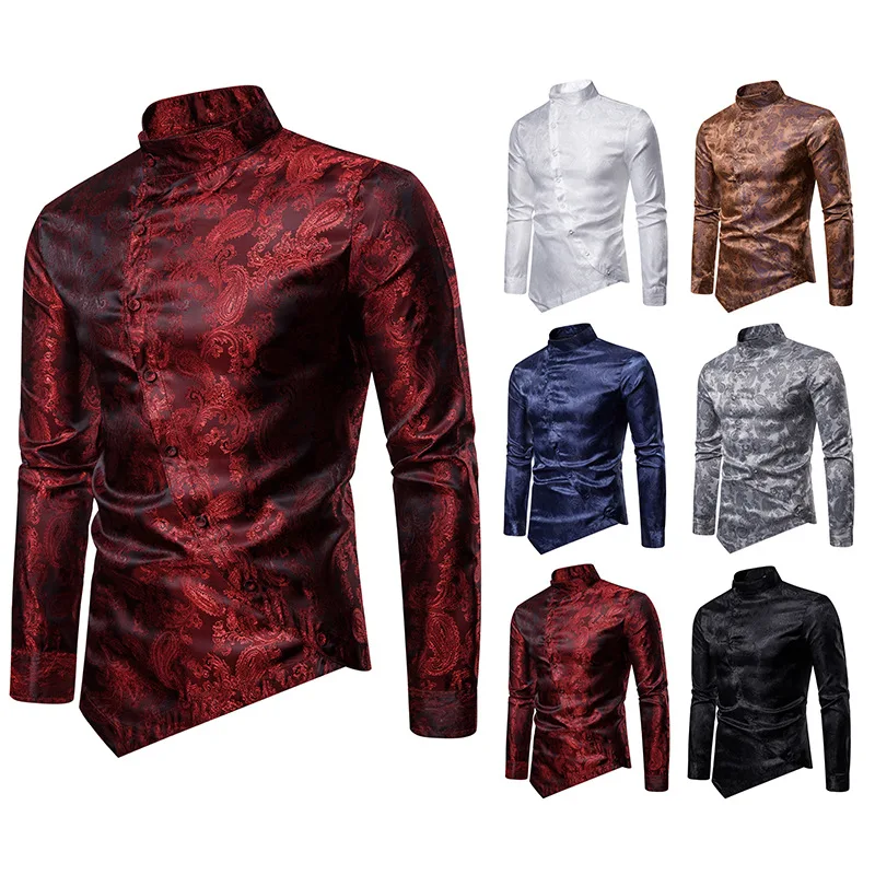 Stylish Luxury Silk Shirt Men 2019 Satin Smooth Solid Casual Slim Fit Shiny Wine Red Wedding Dress Shirts | Мужская одежда