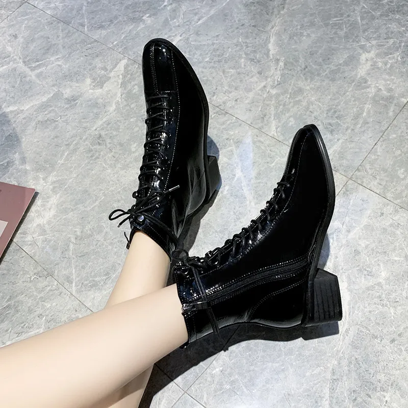 Retro Lace Up Motorcycle Boots Patent Leather women shoes ladies boots black Martin Boot Low Heel Short Cowboy Shoes |