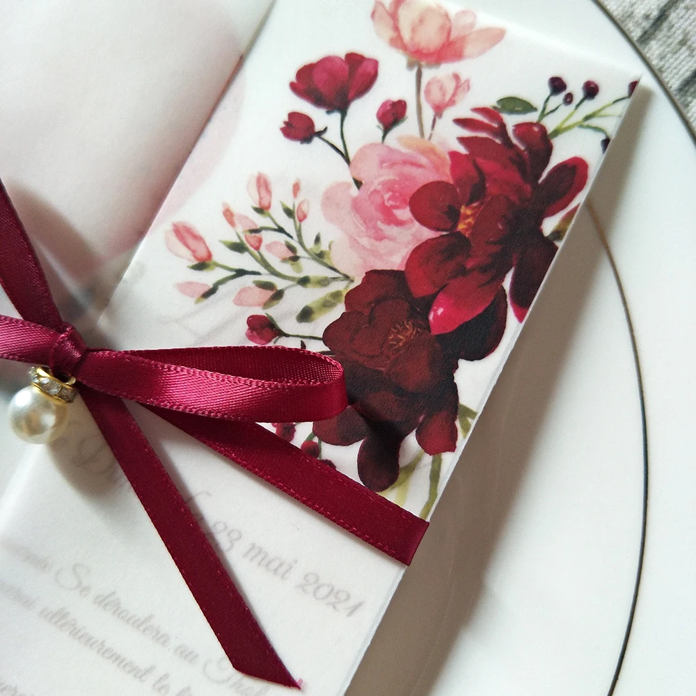 50 шт. темно-красные цветы на заказ Печать вощеная бумага Свадебные Приглашения с