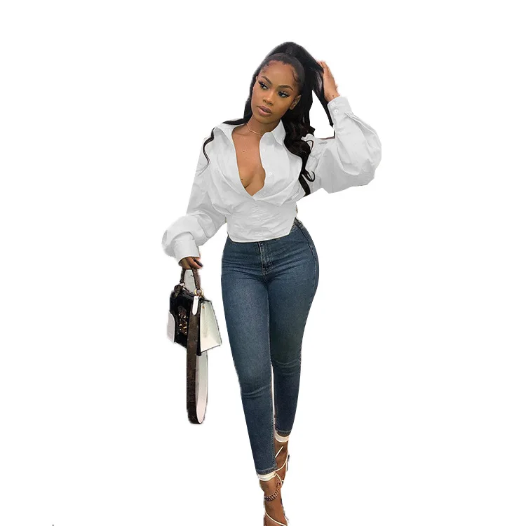 

Ladies Fashion Slim Temperament Solid Color Lantern Sleeve Shirt womens shirts short sleeve shirt women