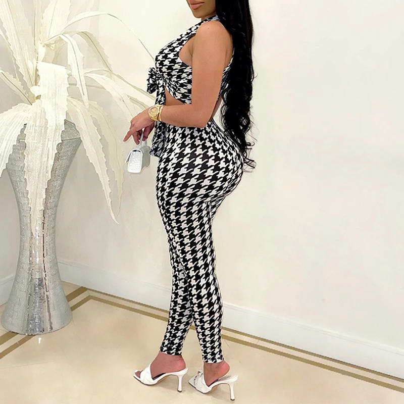 

Women Two Piece Matching Set V Neck Sleeveless Houndstooth Crop Top & Skinny Pencil Pants Set