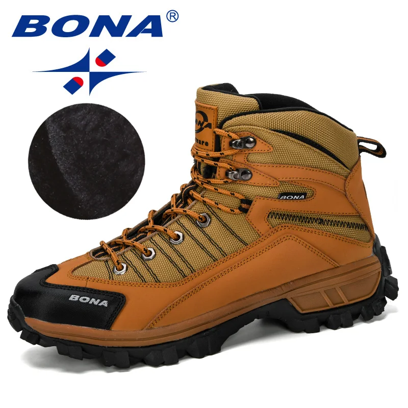 Earth yellow black BONA/Новинка года; дизайнерская зимняя обувь; мужские кожаные туристические сапоги; Мужская Нескользящая повседневная обувь; мужские кроссовки; короткая плюшевая обувь; модная обувь - Цвет: Earth yellow black