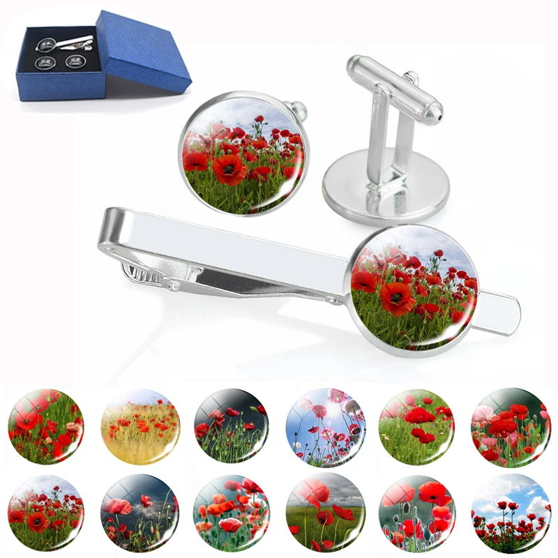 

Poppy Flowers Glass Cabochon Jewelry Tie Clips Cufflinks Set Fashion Poppy Gentleman Necktie Clip Men Husband Birthday Gifts