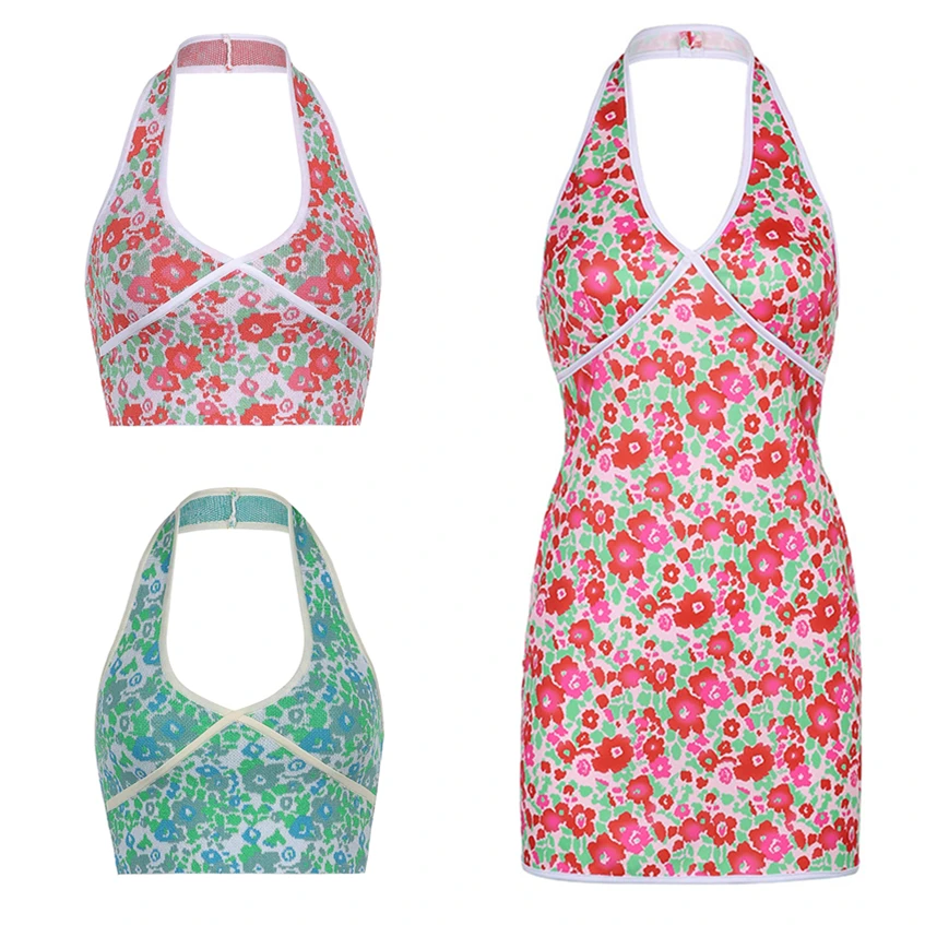 

Floral Print Halter Top Women Cami Backless Summer Sleeveless Crop Top Sexy V-Neck Female Fashion Party Club Boho Beach Vest