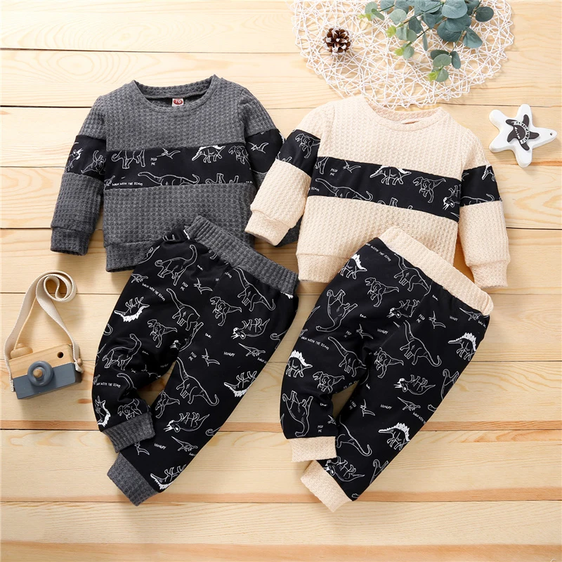 

Pudcoco 2Pcs 3-24Months Baby Boy Spring Autumn Tracksuit Toddler Stitching Dinosaur Print O-Neck Long Sleeve Pullover +Pants