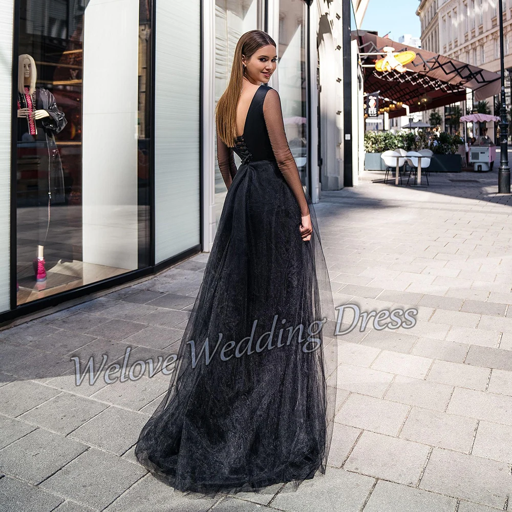 Simple Tulle Black Evening Dresses 2021 A Line With Illusion Long Sleeves Corset Lace Up V Neck Formal Prom Party Gown