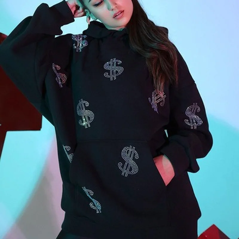 

WeiYao Grunge Punk Y2K Dollar Print Rhinestone Long Hoodies Streetwear E-girl Oversize Hooded Big Pockets Black Sweats Gothic