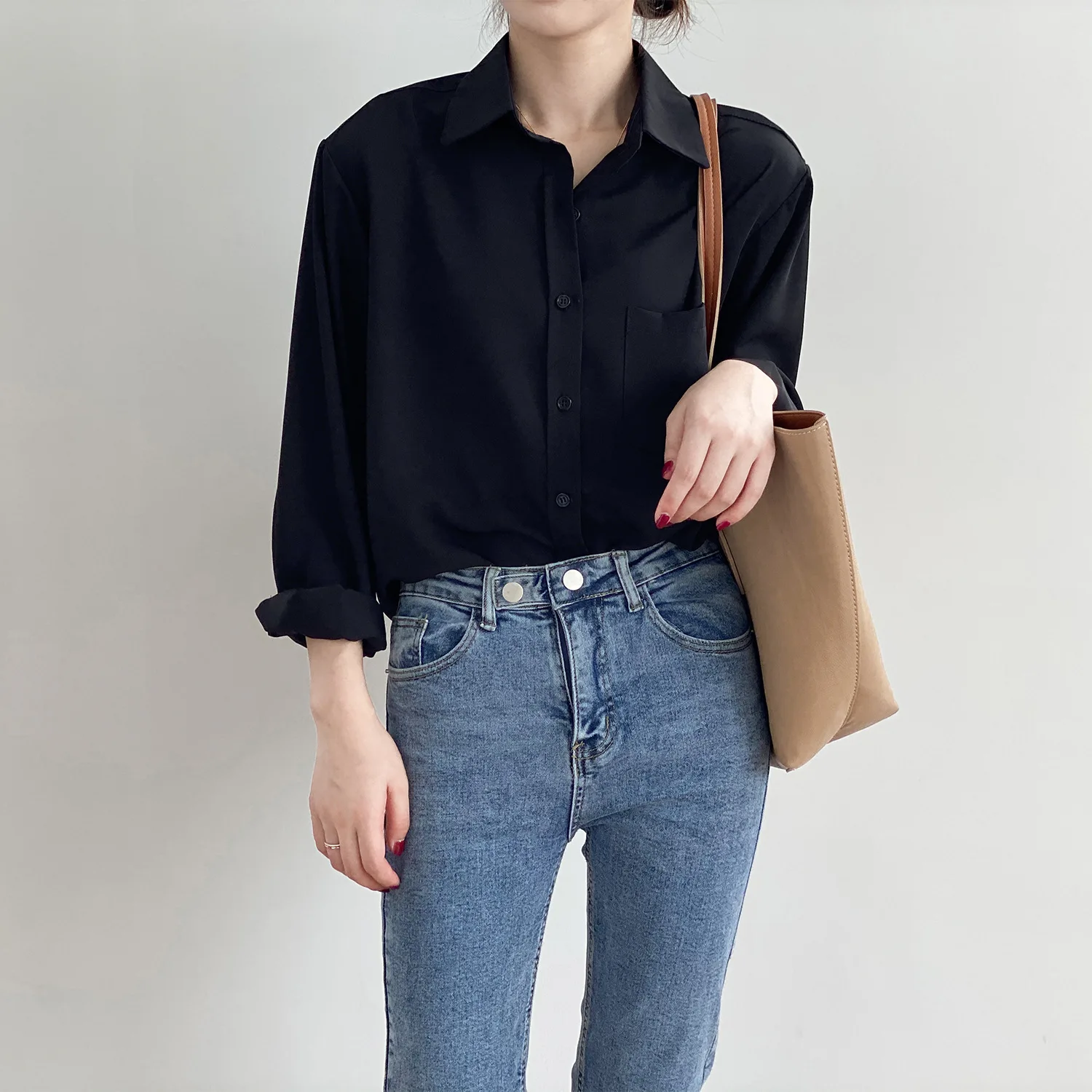 

HziriP Elegance OL Lapel Solid Minimalist 2021 Hot Plus Chic Gentle Casual Tops Vintage All Match High Street Women Loose Shirts