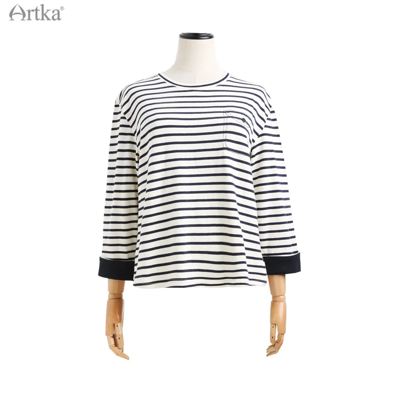 Женская футболка в полоску ARTKA белая Повседневная Свободная из 2021 хлопка с