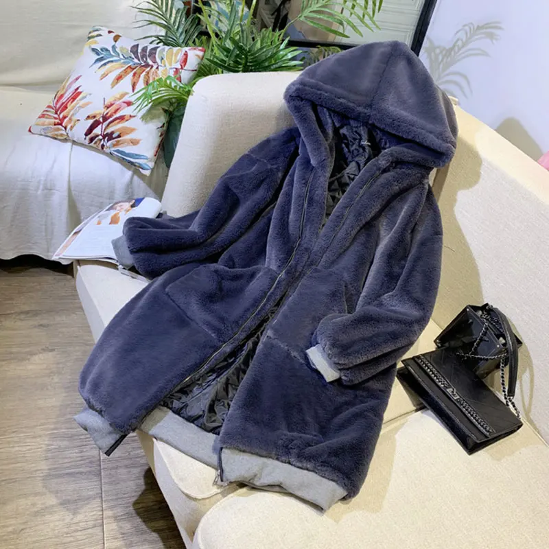 Dark gray 30 Degrees Fur Coat Women Casual Hoodies Furry Thick Warm Long Faux Rabbit Fur Jacket Loose Winter Coat Women OverCoat - Цвет: Dark gray