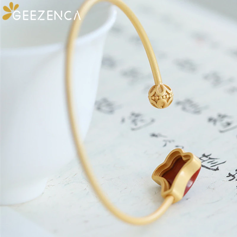 

925 Sterling Silver Gold-plated Agate Open Bangle Simple Trendy Fox Ginkgo Water-drop Bracelet Bangles Fine Jewelry Women Gift