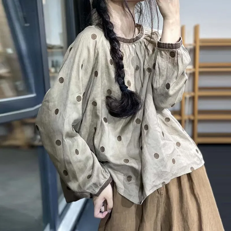 

Женская блузка в горошек, из хлопка и льна, с длинным рукавом и круглым вырезом, повседневная, весна-осень, W702