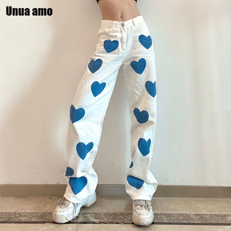 Unua amo Stylish Contrast Color Heart Print Baggy Jeans Woman Streetwear Casual Wild Washed Straight Denim Pants Female