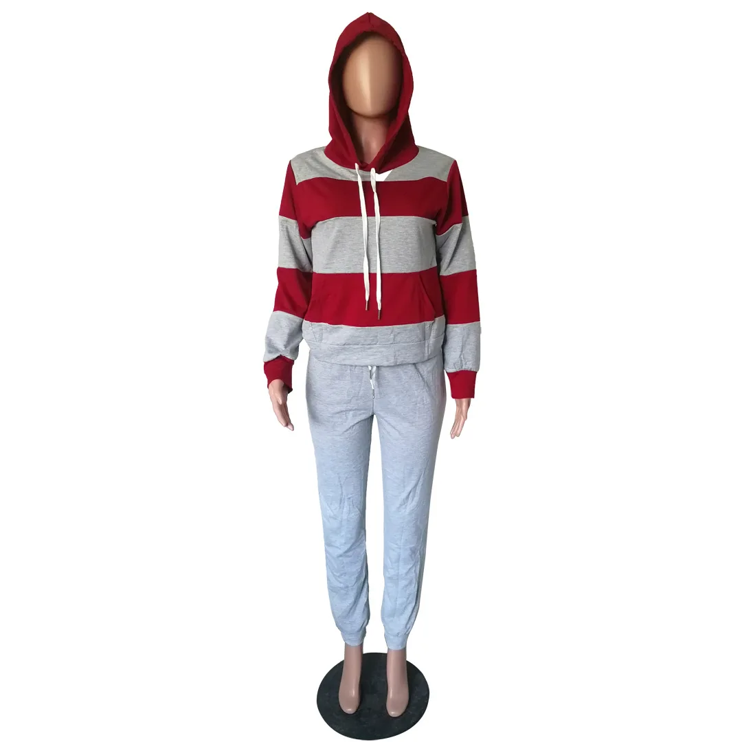 

Striped Stitching Hooded Sweater Pants New Sports Autumn Women Suit European and American Outfits Two Piece Set