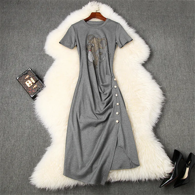 

Женское Короткое платье-футболка с коротким рукавом, однотонное асимметричное Повседневное платье с мультяшным принтом со стразами, Новин...