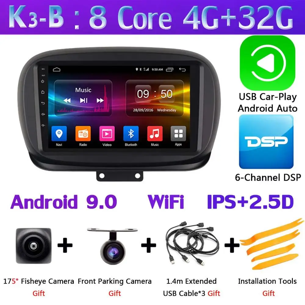 K3-B-CarPlay 360 ° Панорамное 8 ядро 4G+ 64G Android 9,0 автомобильное мультимедийное радио для FIAT 500X- головное устройство gps навигация SPDIF DSP CarPlay - Цвет: K3-B-CarPlay
