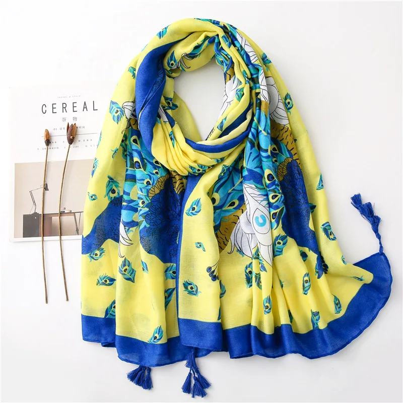 

Bohemian Peacock Print Soft Cotton Viscose Muslim Tassels Scarves Shawls 10pcs/lot