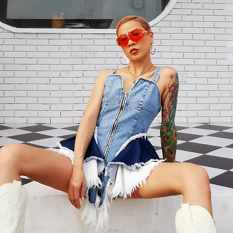 VGH Sexy Denim Women Vest Square Collar Sleeveless Spaghetti Strap Tunic Patchwork Mesh Ruffles Hit Color Camis Female 2020 Tide