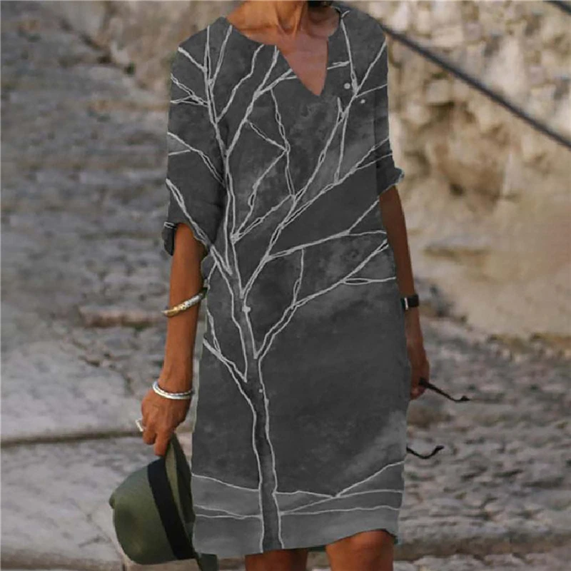 

2021 New Woman Vintage Floral Print Dress Summer Fashion Slim V-Neck Half Sleeve Midi Dresses Female Elegant A-Line Beach Dress