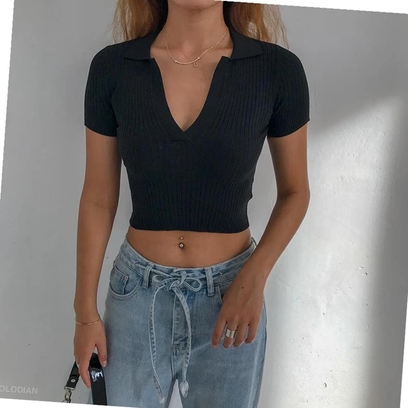 Женская винтажная укороченная футболка поло белый укороченный топ с коротким