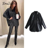 black faux leather women jacket vintage autumn winter long sleeve pockets office ladies shirt coat loose casual outwear za 2021