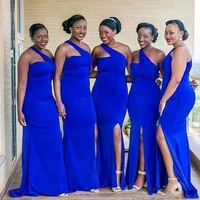 sexy african one shoulder royal blue bridesmaid dress elastic satin long side split wedding guest dresses