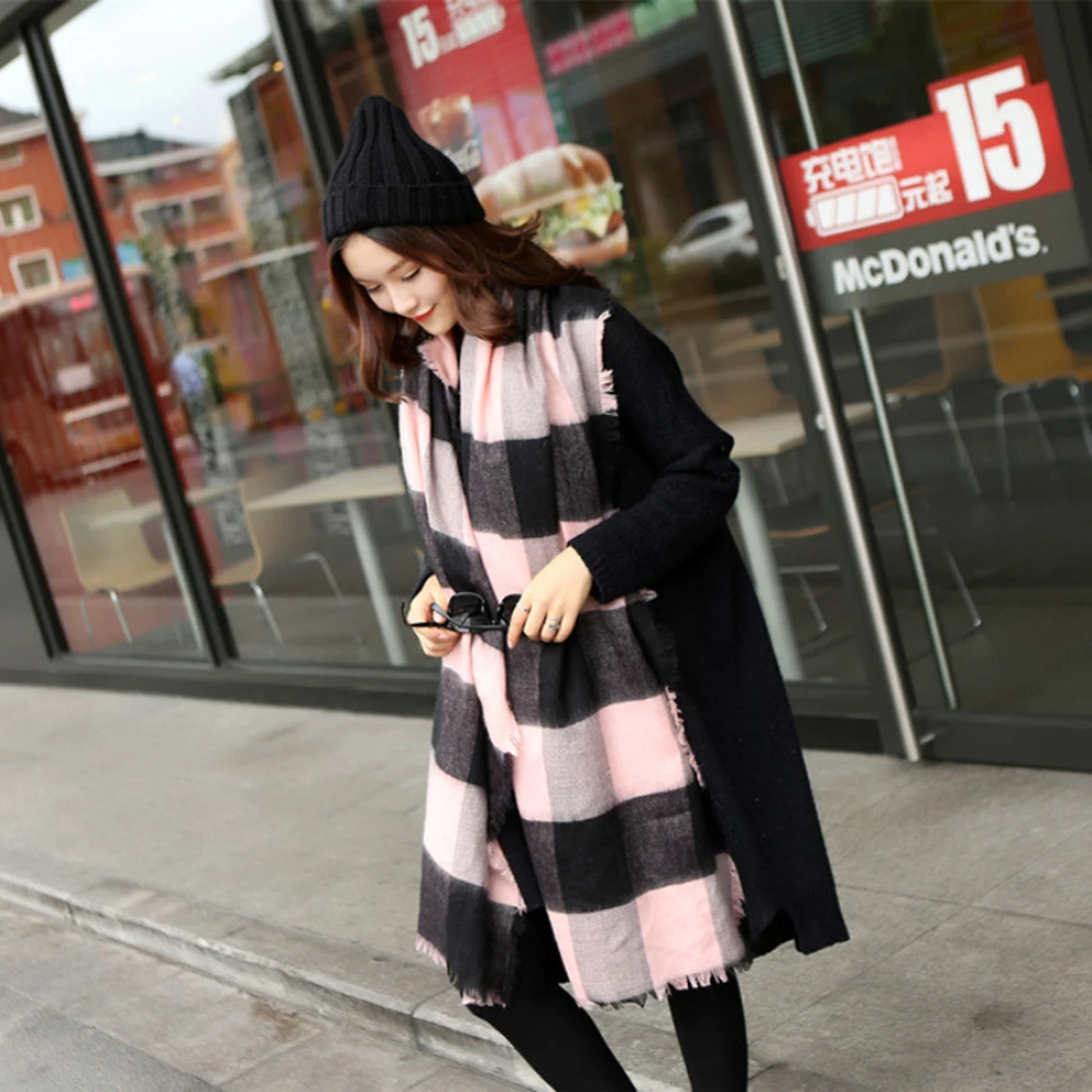 Женский шарф в клетку шерстяная Классическая накидка унисекс из акрила вязаное
