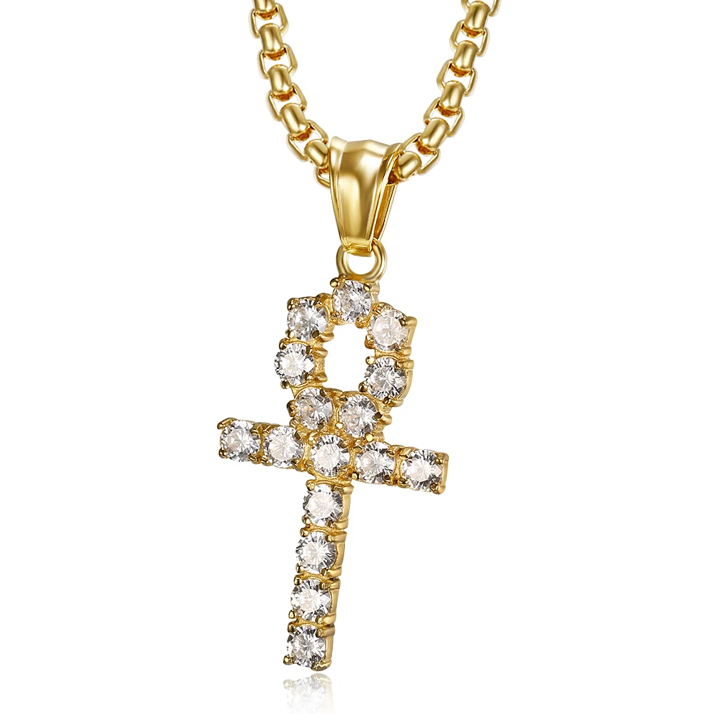 

Hip Hop Iced Out Ankh Cross Pendant Necklaces Mens Women Egyptian Gold Color Stainless Steel Bling CZ Jewelry Gifts Dropshipping