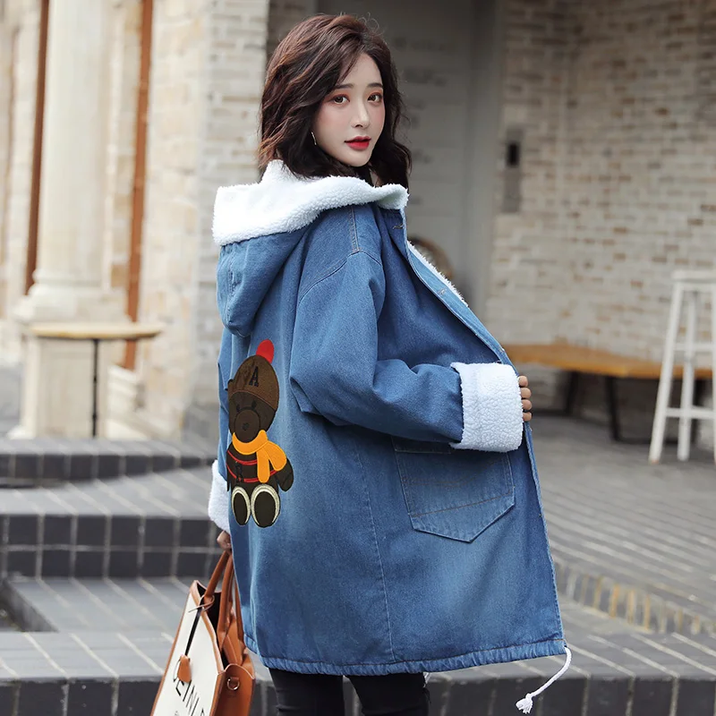 Зимнее джинсовое пальто для женщин толстая теплая подкладка из шерсти хлопковая
