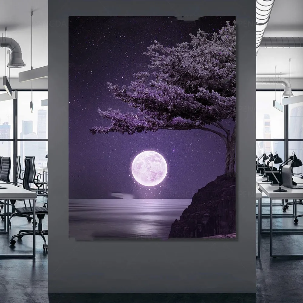 

Night View of The Lake Wall Art Decor Canvas Painting Purple Moon Tree Poster Home Decoration Modular Pictures Hd Printed