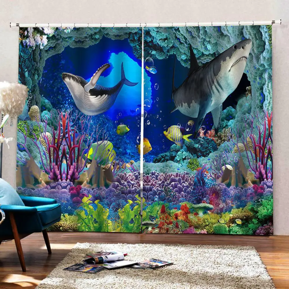 Затемненные 3D оконные шторы для гостиной темно-синие океанские Подводные | Дом и