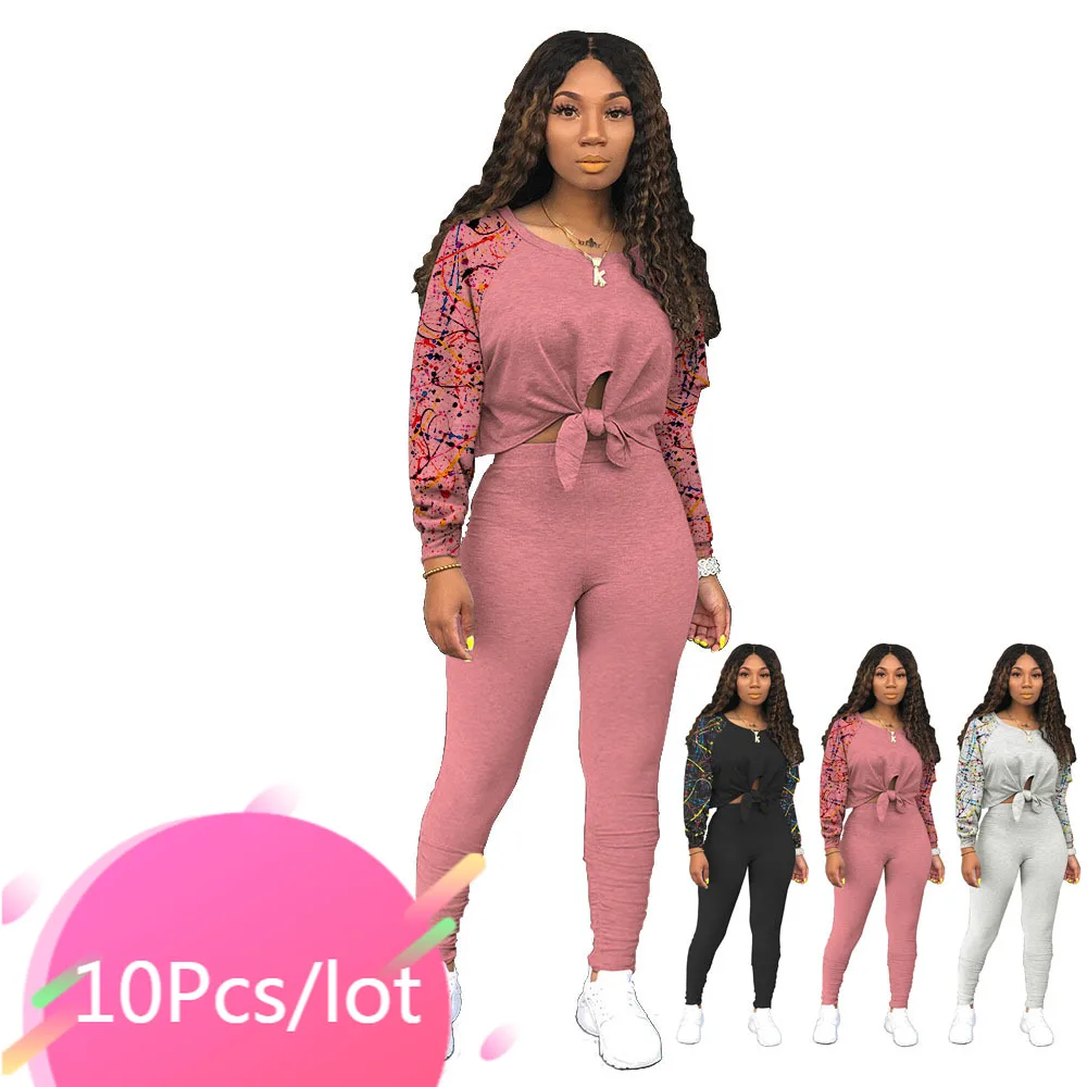 

Bulk Items Wholesale Lots Casual Women Tracksuits Long Sleeve Crop Top Skinny Pants Set Fasion Printed Fall Fitness 2 Piece Sets
