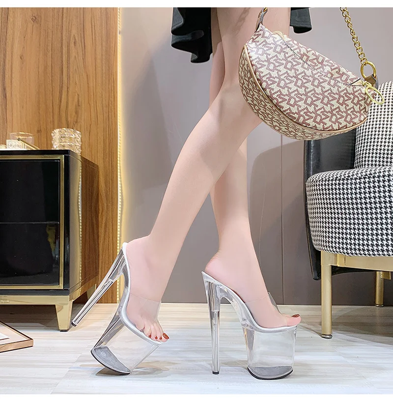 

Hot Sale US4-11 Womens Clear Transparent PVC Platform Open Toe Stilettos Super High Heel 20cm Shoes Crystal Pumps Slipper Sandal
