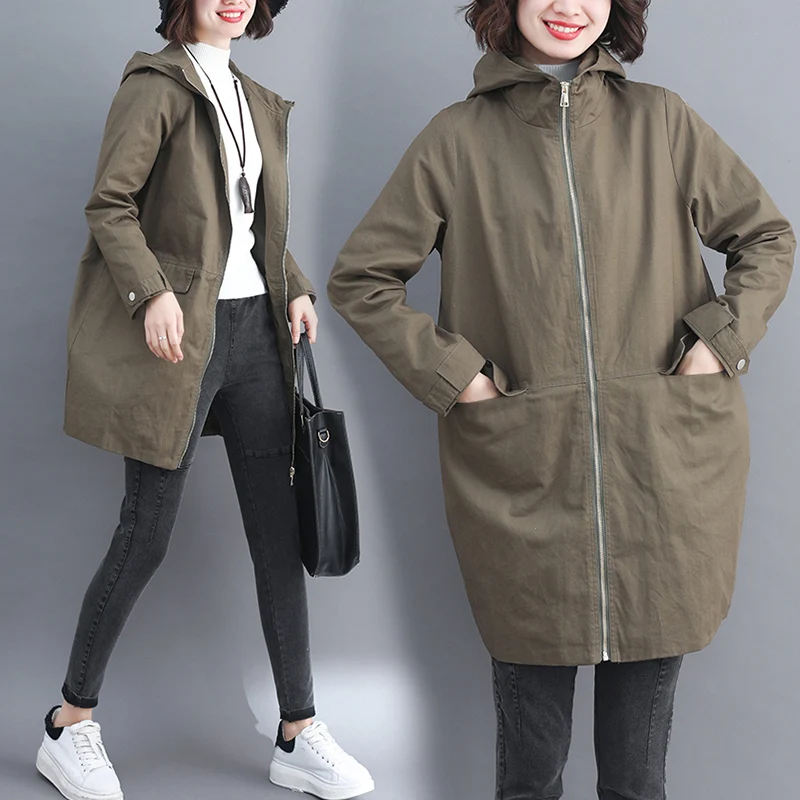 

Army Green Black Trench Coat Female Spring Autumn Coat Long Sleeve Hooded Zipper Large Size Mid-Length Windbreaker Outerwear
