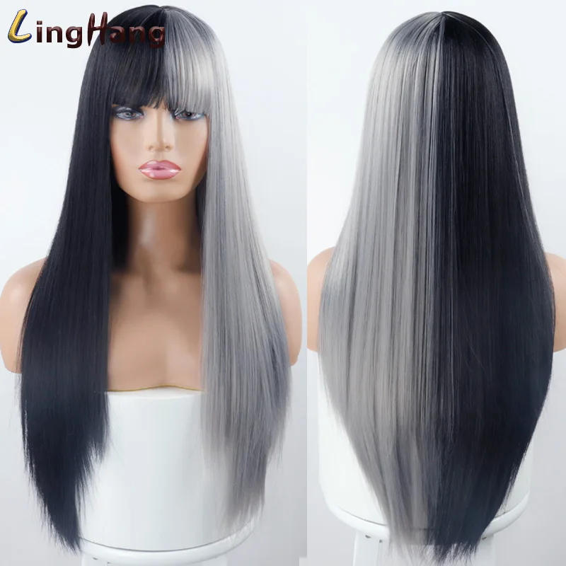 Perucas de Cabelo Sintético para Mulheres Longa e Lisa para Mulheres Resistente ao Calor Peças de Cabelo Linghang Peruca Negras Falso Feminino Cosplay 13 resistente ao calor, peças de cabelo falso feminino, peruca cosplay