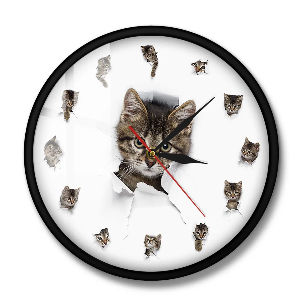Котята в дыре из бумаги милые детские комнаты настенные часы Kitty играющие