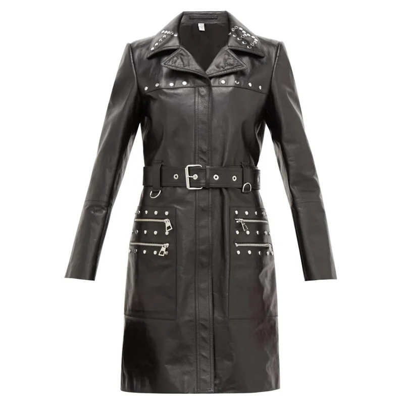 

spring women'coat Long genuine leather jacket sashes 2021 new brand lambskin coats with rivet turn-down collar streetwear