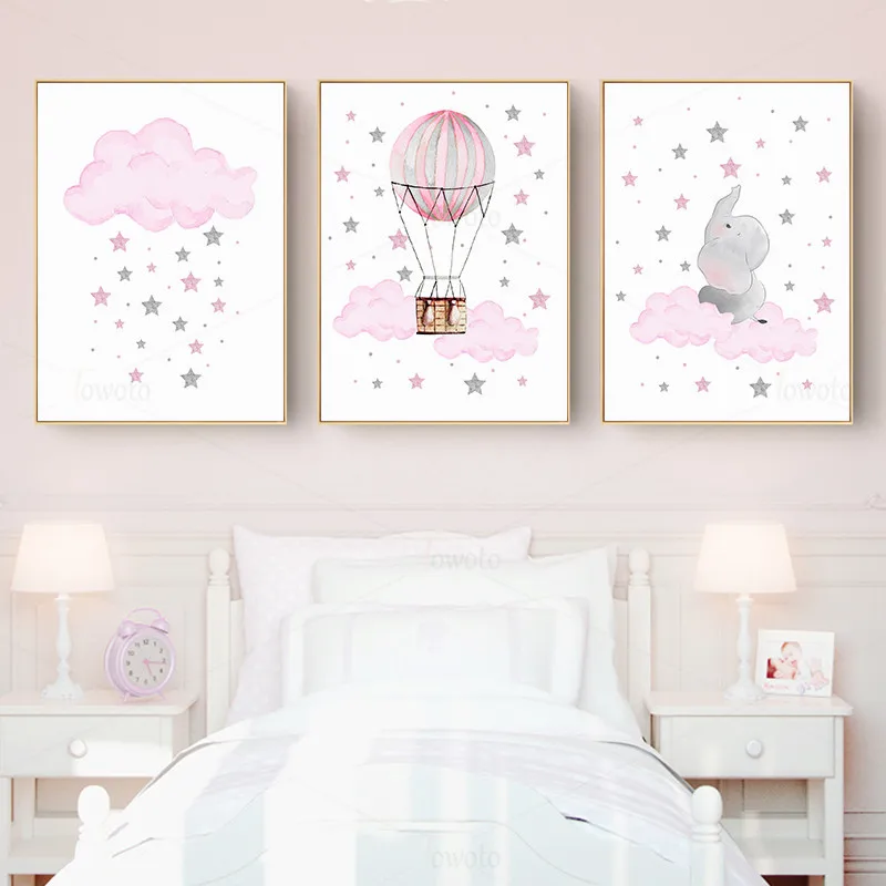 Розовые детские настенные картины со звездами слона на холсте в спальне