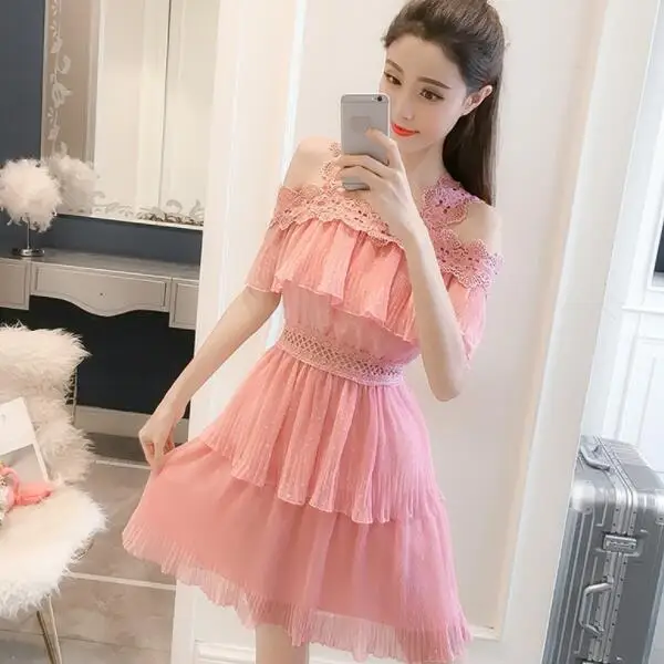 2020 летнее женское платье розовое элегантное кружевное с вырезом лодочкой и