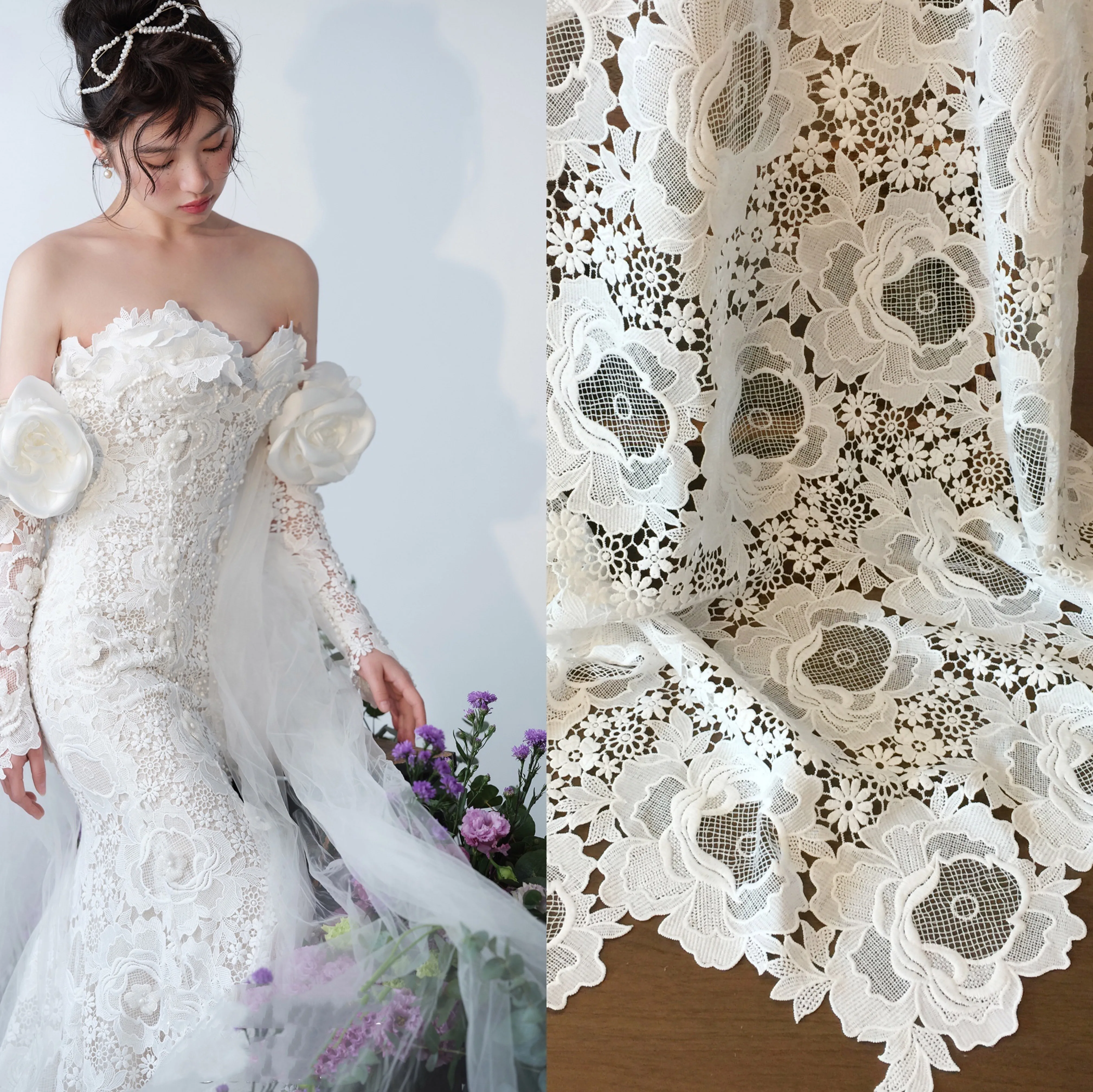 

2021 1 Yard Milk Fiber Rose Flowers Water Soluble Lace Fabric Off White Luxury