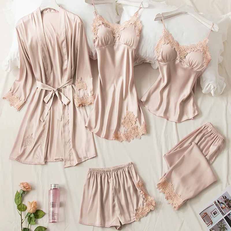 Пижамный комплект Женский атласный кружевной из 5 предметов ночная рубашка на